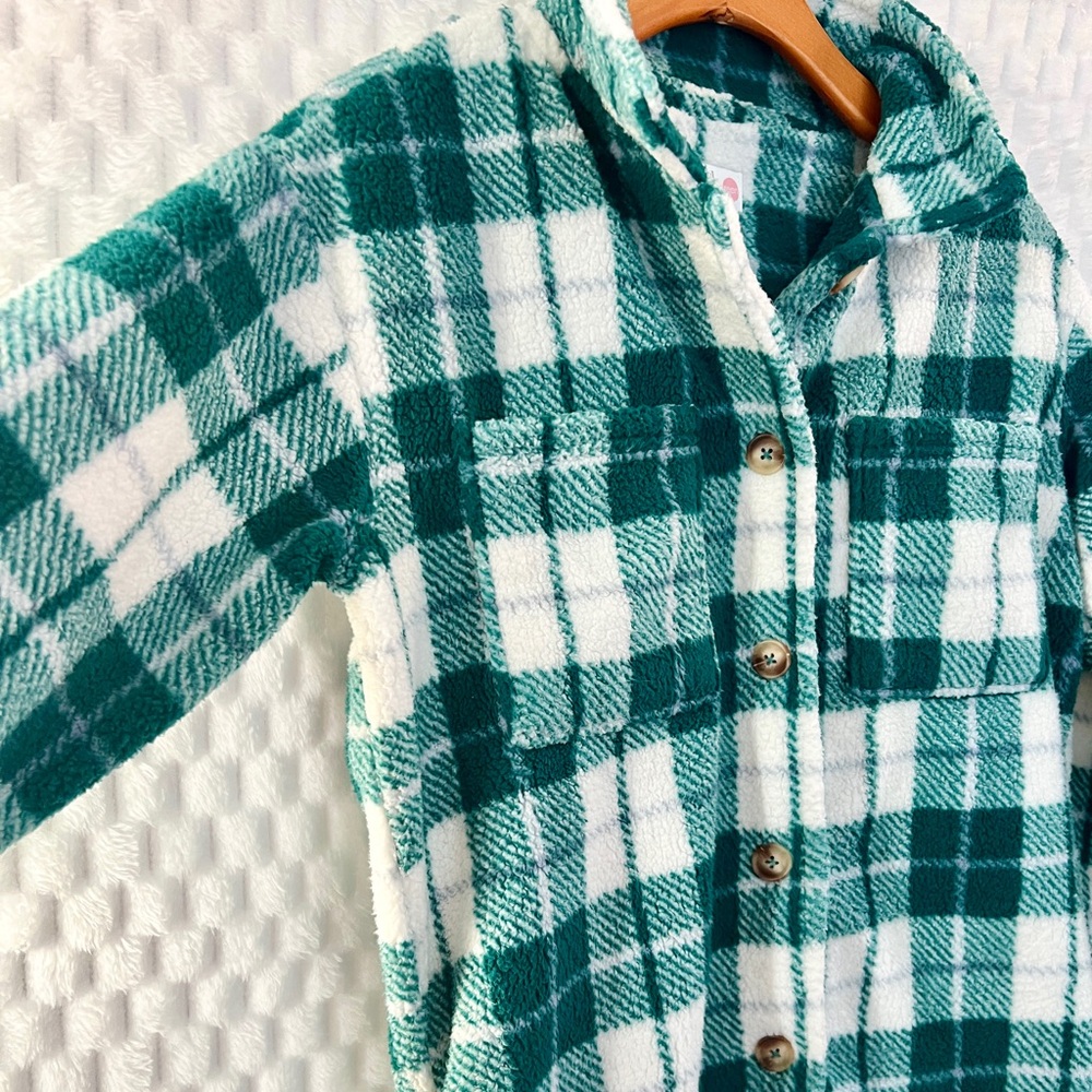 Colorful Planet Cream Green Plaid Sherpa Shacket Size Large 14-16 - Picture 3 of 6
